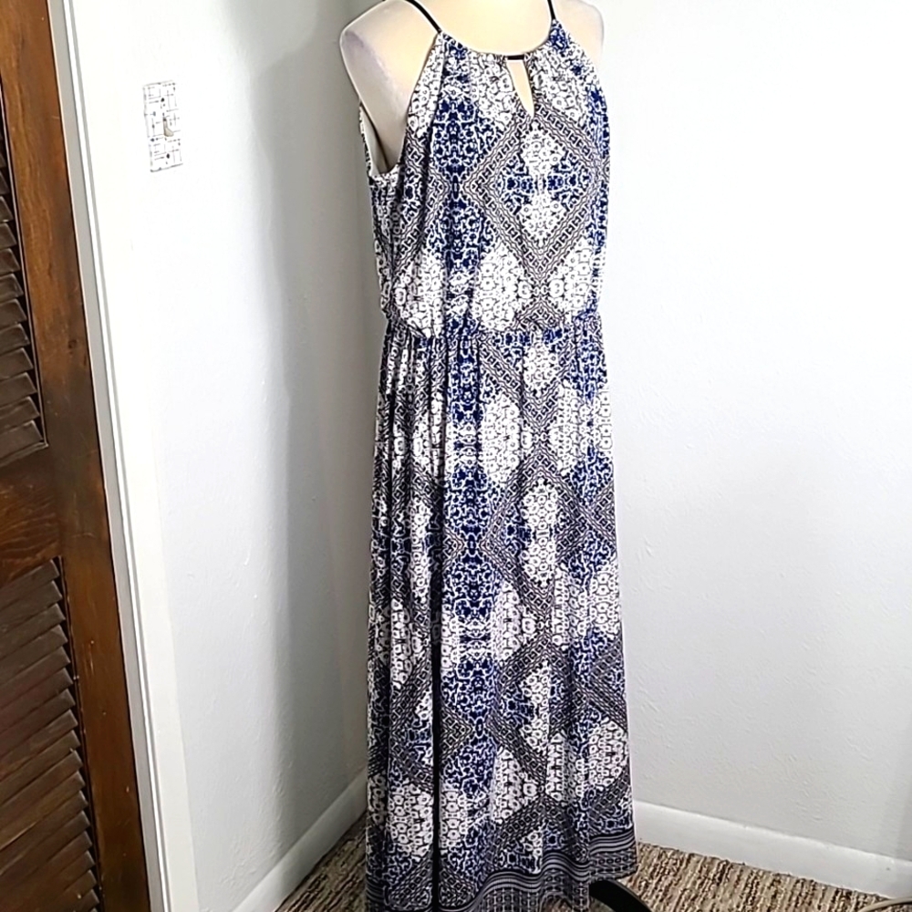 London Times Elegant Navy & White Print Maxi-Dress, Spaghetti Straps, Size 14 - Picture 3 of 10